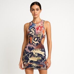 SisterParty Abstract Print Body-Con Cut-Out Side Dress, Mesh trim – Size M NWT